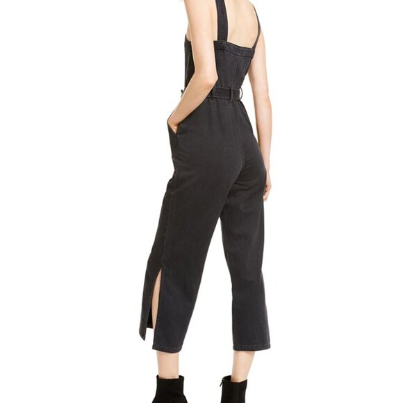 OAT New York Black Denim Cropped Slit Hem Wide Leg Adjustable Jumper Romper 12 - Picture 2 of 16